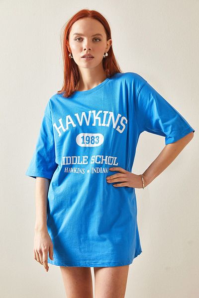 XHAN Blue Crew Neck Written Oversize T-Shirt 5YXK1-48208-12