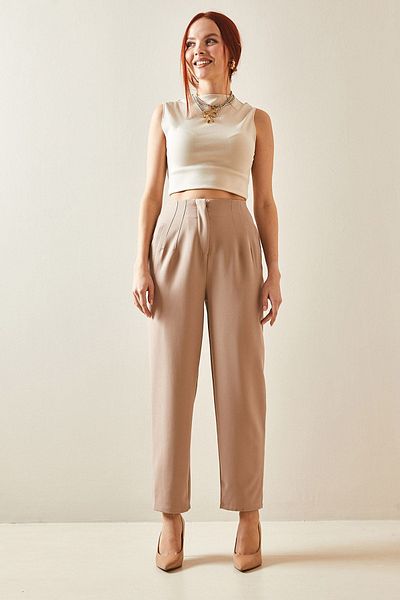 XHAN Beige Collar Stitched High Waist Pencil Pants 5YXK5-48172-25