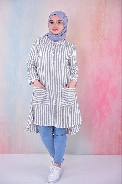 BUUFUU Comfortable Cut Striped Summer Pocket Shirt Collar Long Sleeve Long Tunic