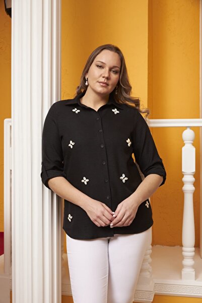 RMG WOMEN'S SUMMER RMG BLUE SHELL EMBROIDERED LARGE SIZE SHIRT 06332 BLUE