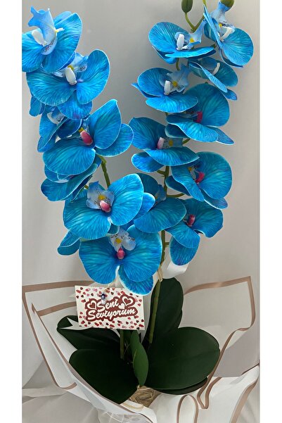 Z&B FLOWERS Saksıda yapay orkide 2 dal mavi orkide,sevgiliye hediye,anneye hediye,masa çiçeği,vazo çiçeği