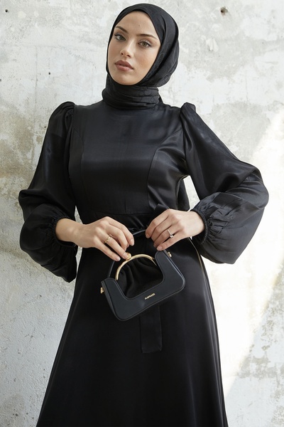 InStyle Атласна сукня з рукавом-балон, чорна