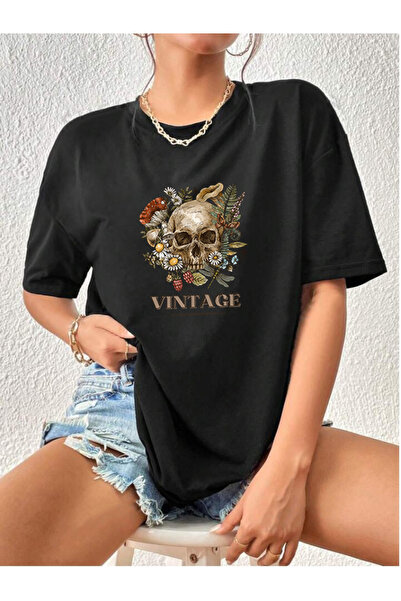 offsidesign Kadın Oversize Tişört Vintage Kuru Kafa Bohem Tasarım Baskılı Tiş...