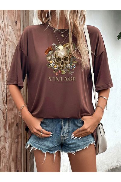OFFSIDESIGN Γυναικείο μπλουζάκι Oversize Vintage Skull Bohemian Design Μπλουζάκι με στάμπα κοντομάνικο