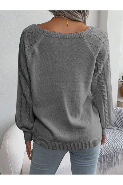 AQE FASHION Pulover de damă, cu gât de barcă, tricot, cu model, cu nasturi, tricotaje gri