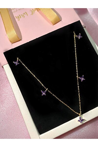 h&b design jewel 925 Ayar Gümüş Mor Gold 5 Kelebekli Kolye
