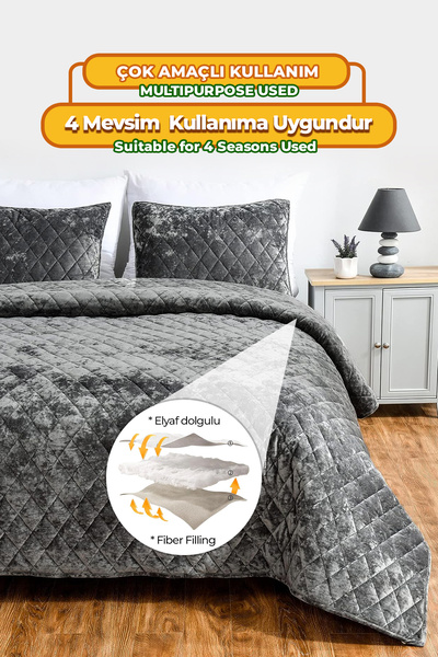 Evlen Home Collection Kapitone Kadife Yatak Örtüsü Seti Tek Kişilik Supersoft 2 Parça Yumuşak Elyaf Dolgulu Antrasit