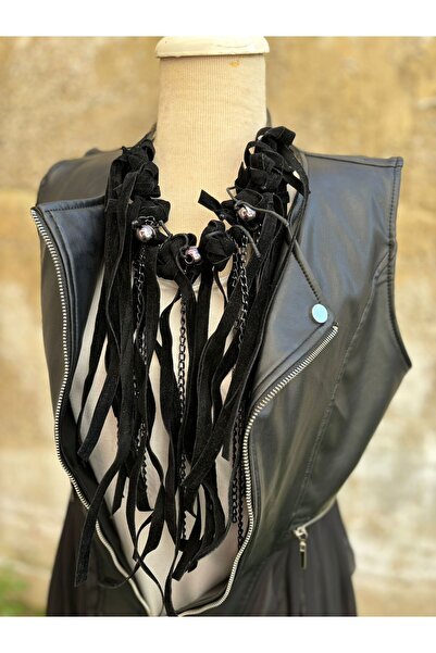 AGG TASARIM Gümüş Boncuklu Dokulu Deri Kolye