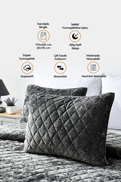 Evlen Home Collection Kapitone Kadife Yatak Örtüsü Seti Tek Kişilik Supersoft 2 Parça Yumuşak Elyaf Dolgulu Antrasit