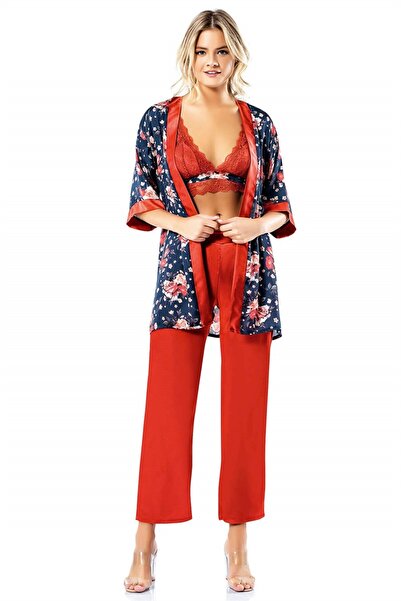 Loriva طقم نسائي من 3 قطع من الساتان المنقوش بلون الطوب