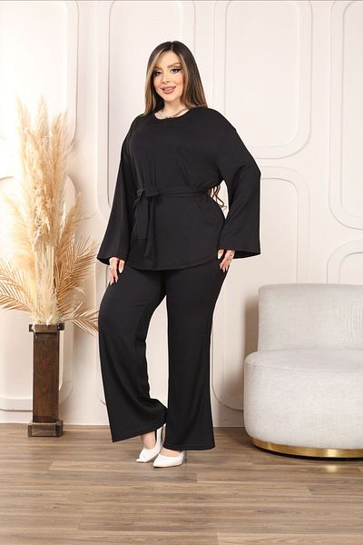 Butik Nilyam Women's Plus Size Waist Belt Detailed Wrap Pants Blouse Set 24013