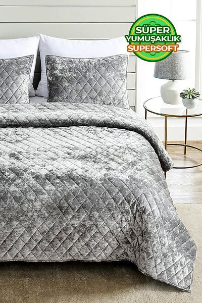 Evlen Home Collection Quilted Velvet Bedspread Set Single Supersoft 2 Piece Soft Fiber Filled Dowry Box Gray