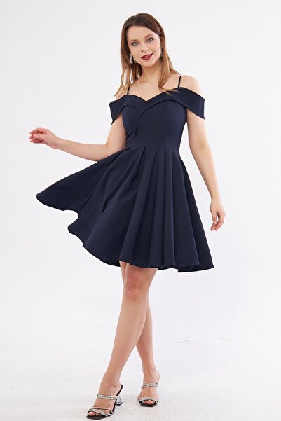 Bidoluelbise Μπλε ναυτικό λαιμόκοψη με λεπτομέρεια πλισέ Mini Flared βραδινό ...