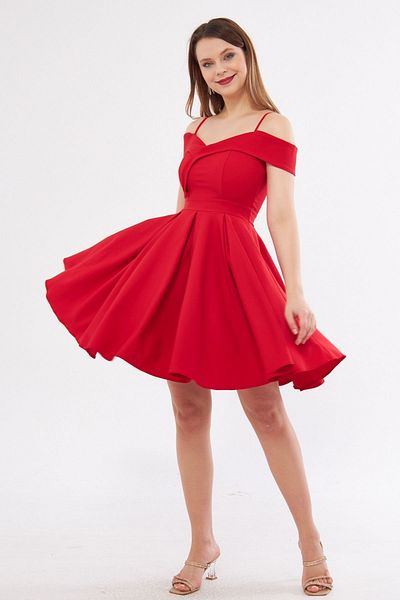 Bidoluelbise Red Strap Boat Neck Detail Pleated Mini Flared Evening Dress