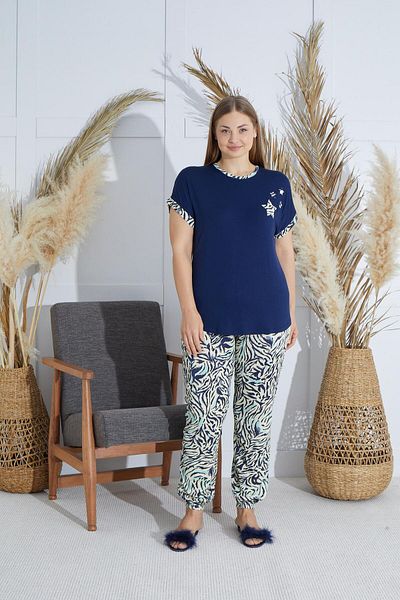 Sevim Navy Blue Short Sleeve Large Size Women's Pajamas Set - C3T4N851
