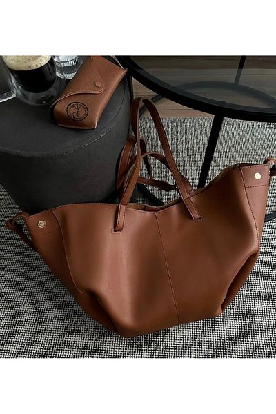 Mercan Stores Women's Tan Color Wallet Detailed Snap Closure Large Tote Phenomenon Shoulder Bag