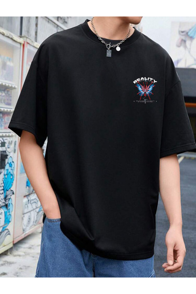 DEEPSENCE Unisex Oversize Reality Butterfly Back εμπριμέ μαύρο T-shirt