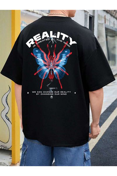 DEEPSENCE Unisex Oversize Reality Butterfly Back Printed Black T-Shirt
