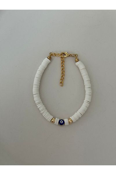 HERCY White Fimo Bracelet with Evil Eye Beads