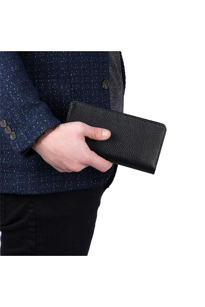 Bagacar Μαύρο Γνήσιο Δέρμα - Μαγνητικό Πορτοφόλι Χειρός με Θήκη Τηλεφώνου