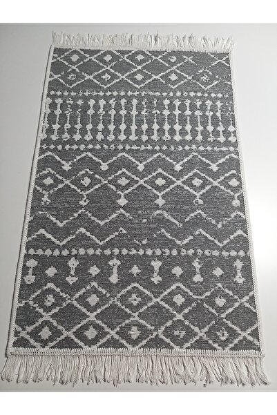 Voho Tekstil Çift Taraflı Halı Kilim Yolluk Bohem Gri - Yıkanabilir Saçaklı P...