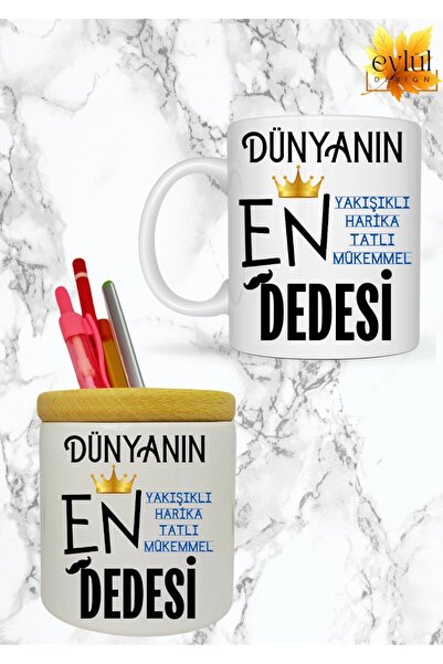 Eylül Design Dede Temalı Yazılı Özel Tasarım Baskılı Kupa Bardak Ahşap Detayl...