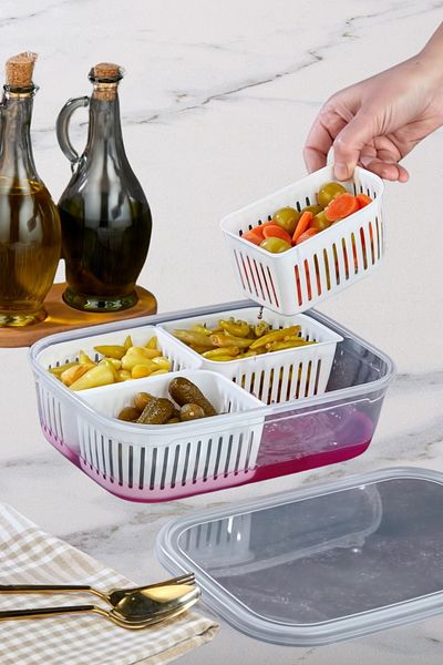 ECO KİTCHEN 4-Compartment Leak-Proof Lid Storage Container with Strainer-Pickle Holder, Olive Dish Multi-Purpose 3.2 lt