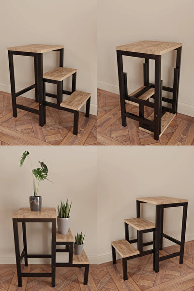 YüceerHome Katlanabillir Puf Bench Metal Ahşap Basamaklı Tabure Merdiven Çiçe...