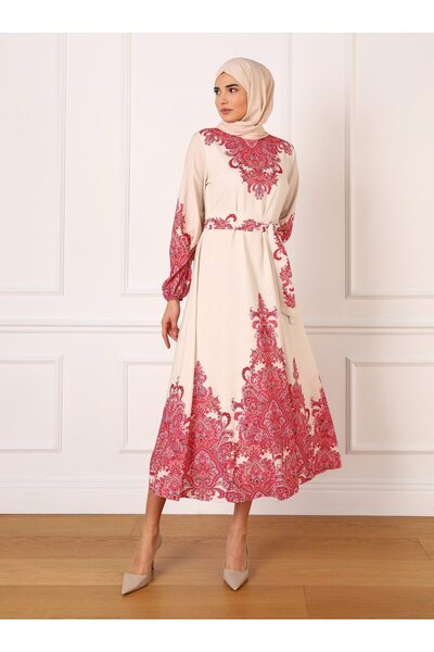 Refka Ethnic Patterned Balloon Sleeve Hijab Dress - Cherry - Refka