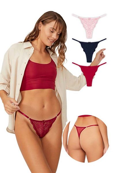 Cottonhill Lace Front Tulle Detailed Women's Thong 3 Pack Panties