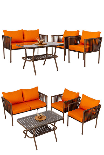 Eymense Hilda Metal Bahçe Oturma Grubu Turuncu 2+1+1+Sehpa
