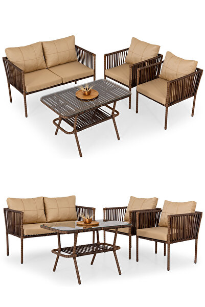 Eymense Hilda Metal Bahçe Oturma Grubu Kahve 2+1+1+Sehpa