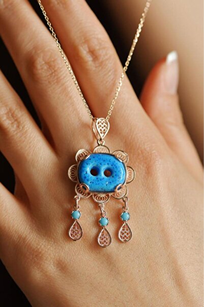 Roza Silver Firuze Taşlı Rose İki Göz Süryani Nazarlığı Telkari Gümüş Kolye