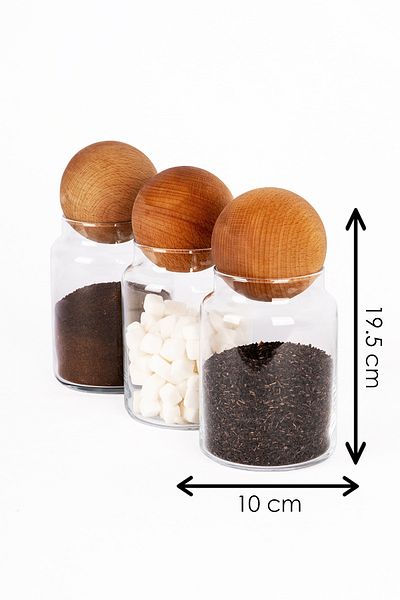 Lizzy Set of 3 1000 ml Glass Jar with Wooden Ball Lid Snack Bowl Spice Bowl Mushroom Ball Storage Container with Lid