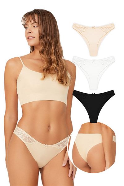 Cottonhill Pachet de 3 chiloți brazilian cu detaliu din dantelă tăiat cu laser