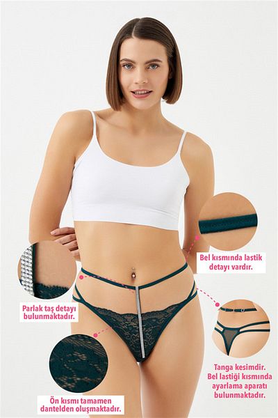 Cottonhill Oil Green Ruched Stone Detailed Adjustable Elastic Women's Thong Panties