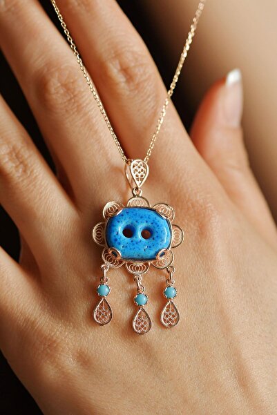 Erdobia Firuze Taşlı Rose İki Göz Süryani Nazarlığı Telkari Gümüş Kolye