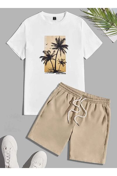 Benisengiydir Set unisex pentru partea inferioara, cu imprimeu, alb, bej