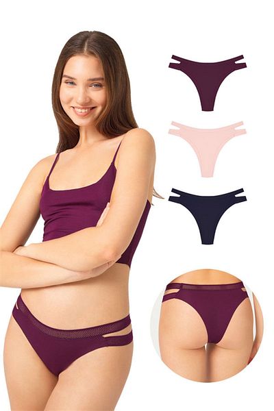 Cottonhill Pachet de 3 chiloți brazilian elastici cu plasă dublă tăiați cu laser