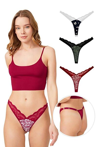 Cottonhill Lace Laser Cut Patterned Women's Thong Panties 3-Pack