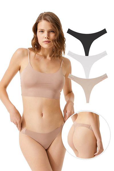 Cottonhill Laser Cut Mesh Rubber Detailed Women's Thong Panties 3-Pack