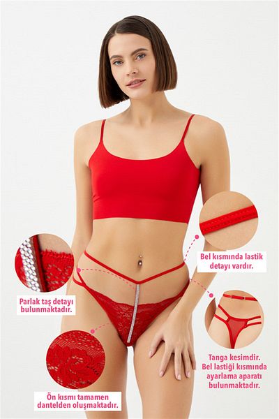Cottonhill Red Ruched Stone Detailed Adjustable Elastic Women's Thong Panties