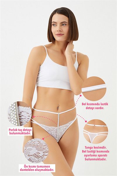 Cottonhill White Ruched Stone Detailed Adjustable Elastic Women's Thong Panties