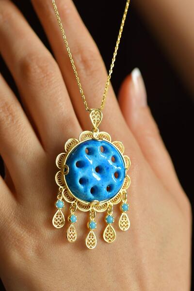 Erdobia Firuze Taşlı Gold Dokuz Göz Süryani Nazarlığı Telkari Gümüş Kolye