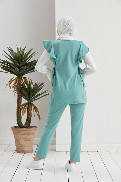 Defne Bahar Sleeve Gathered Waist Belted Double Hijab Set Turquoise