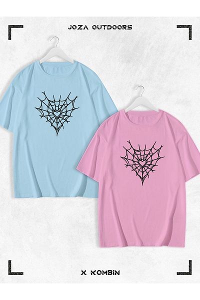 Joza Outdoors Γυναικείες άντρες Unisex Spider Web με στάμπα Lover Couple Combination Oversize πολύχρωμο μπλουζάκι Σετ 2 τεμαχίων