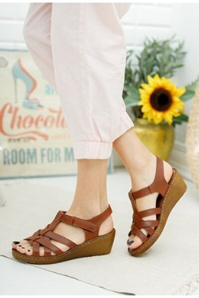 GDT Ayakkabı Taba Anatomik Taban İç Astar Dolgu Topuklu Kadın sandalet