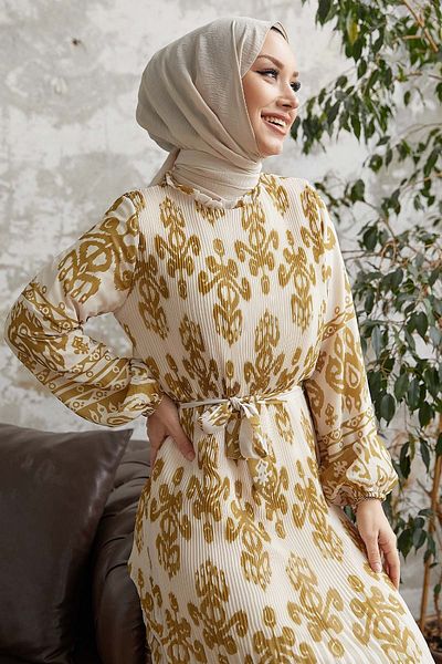 InStyle فستان نيفيا منقوش من الشيفون - أخضر زيتي