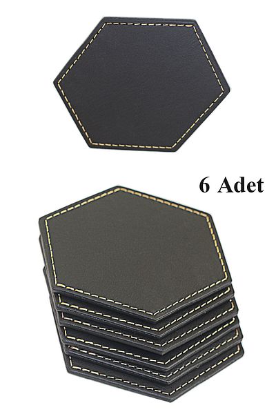 Arkem Leather Coaster Hexagonal Corner Stitched Elite Product 6 Pieces Black Color