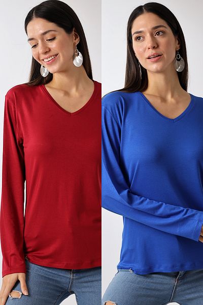 Devinka Women's 2 Pack V-Neck Oversize Basic Long Sleeve T-Shirt